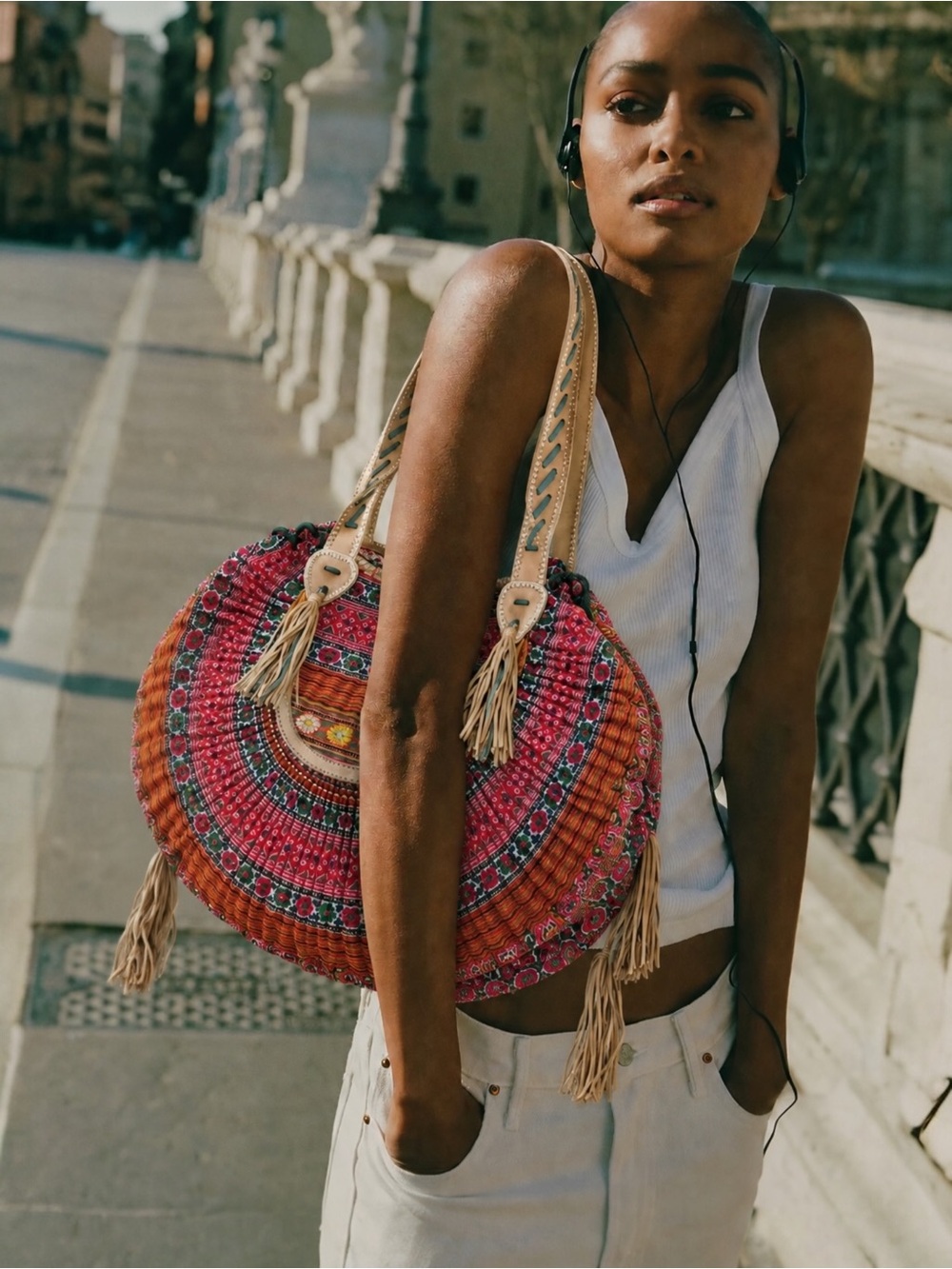 RARE World Family Ibiza Chiang Mai Boho Embroidered Tassel Crescent Bag